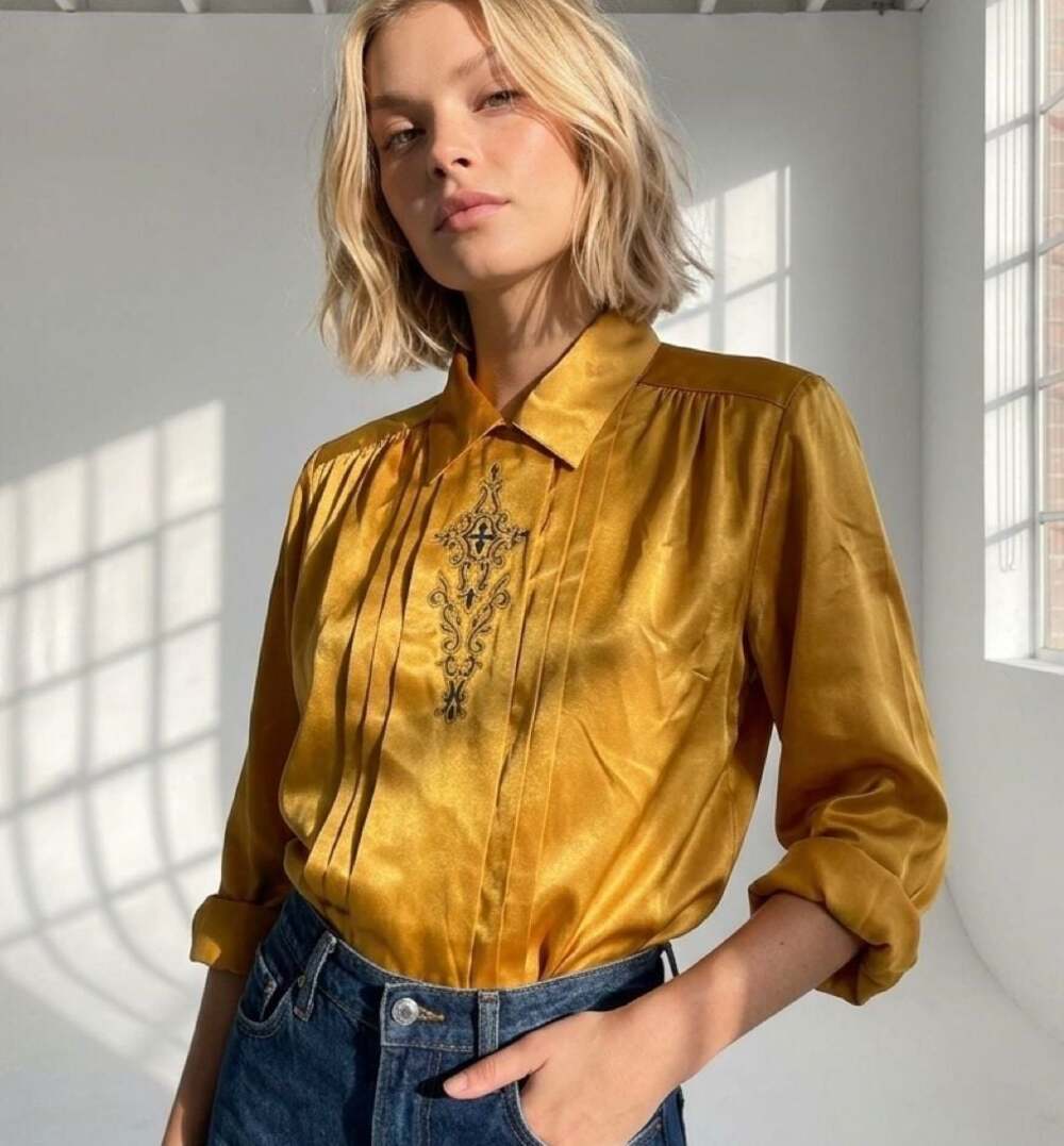 Illustrations Vintage 80s Gold Satin Pleated Embroidered Long Sleeve Blouse Size